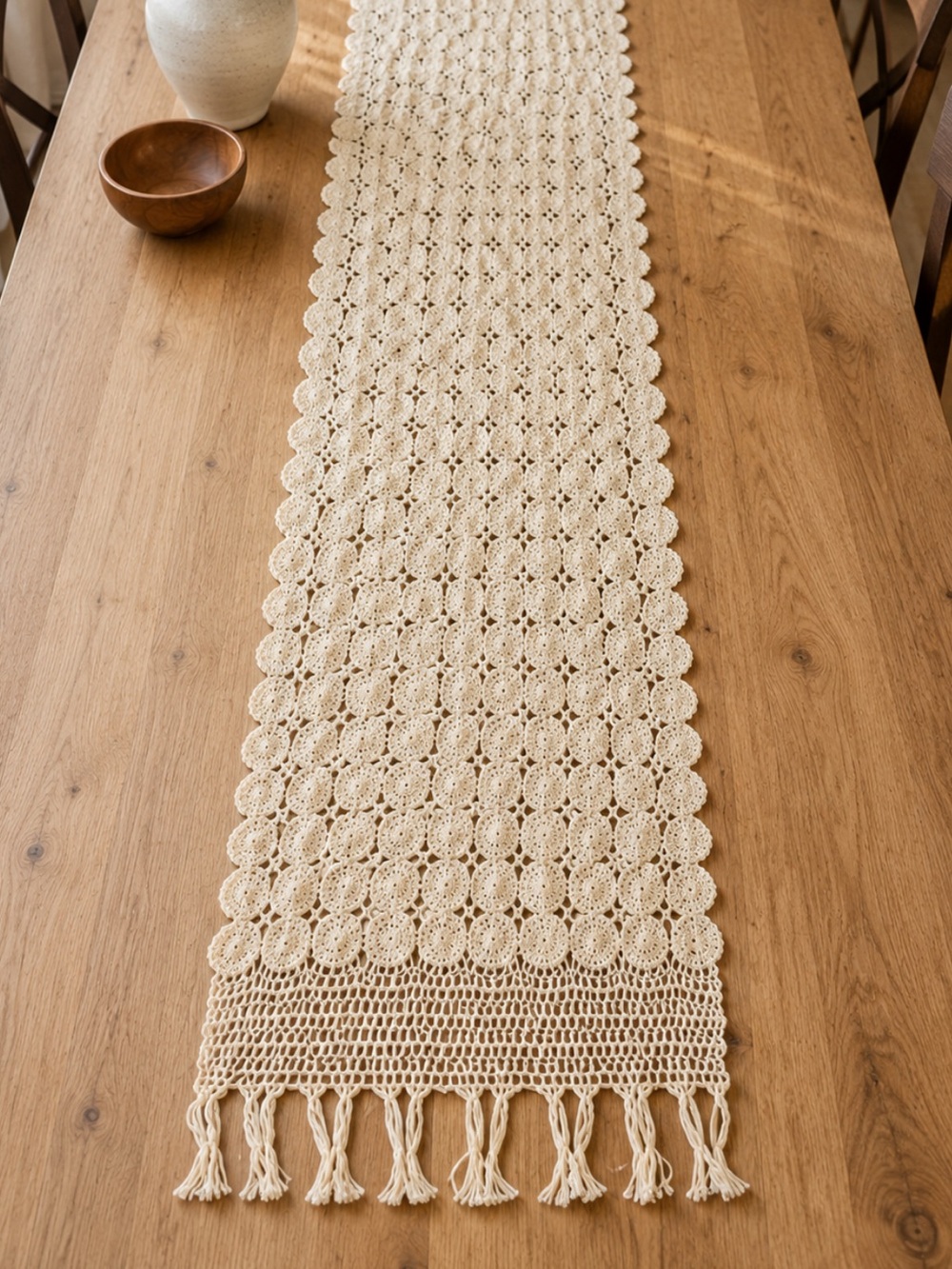 Vintage Hand Crochet Table Runner Cream Cotton Farmhouse Cottage 82x19